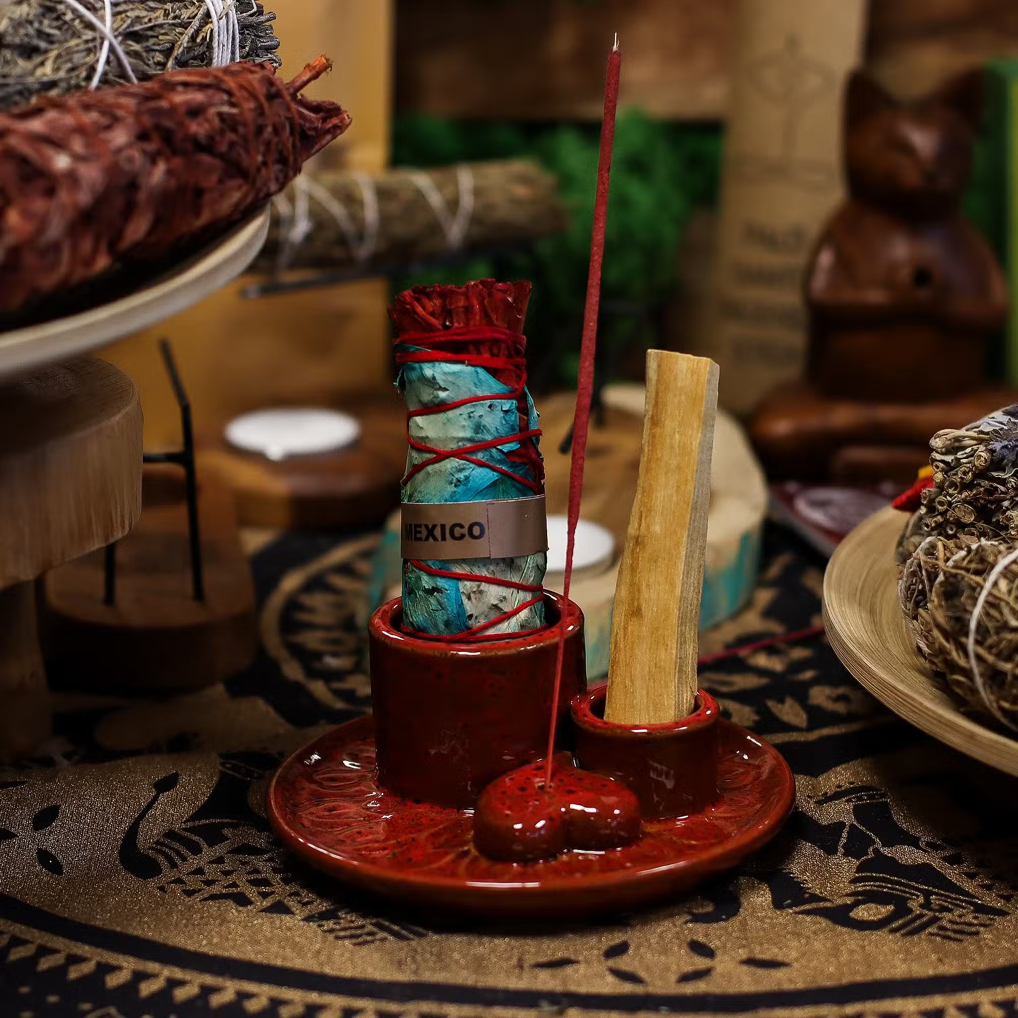 Keramično stojalo – Mandala s srcem, sijajno rdeče - stojalo za smudge zavitke, Palo Santo in dišeče palčke - slika 4